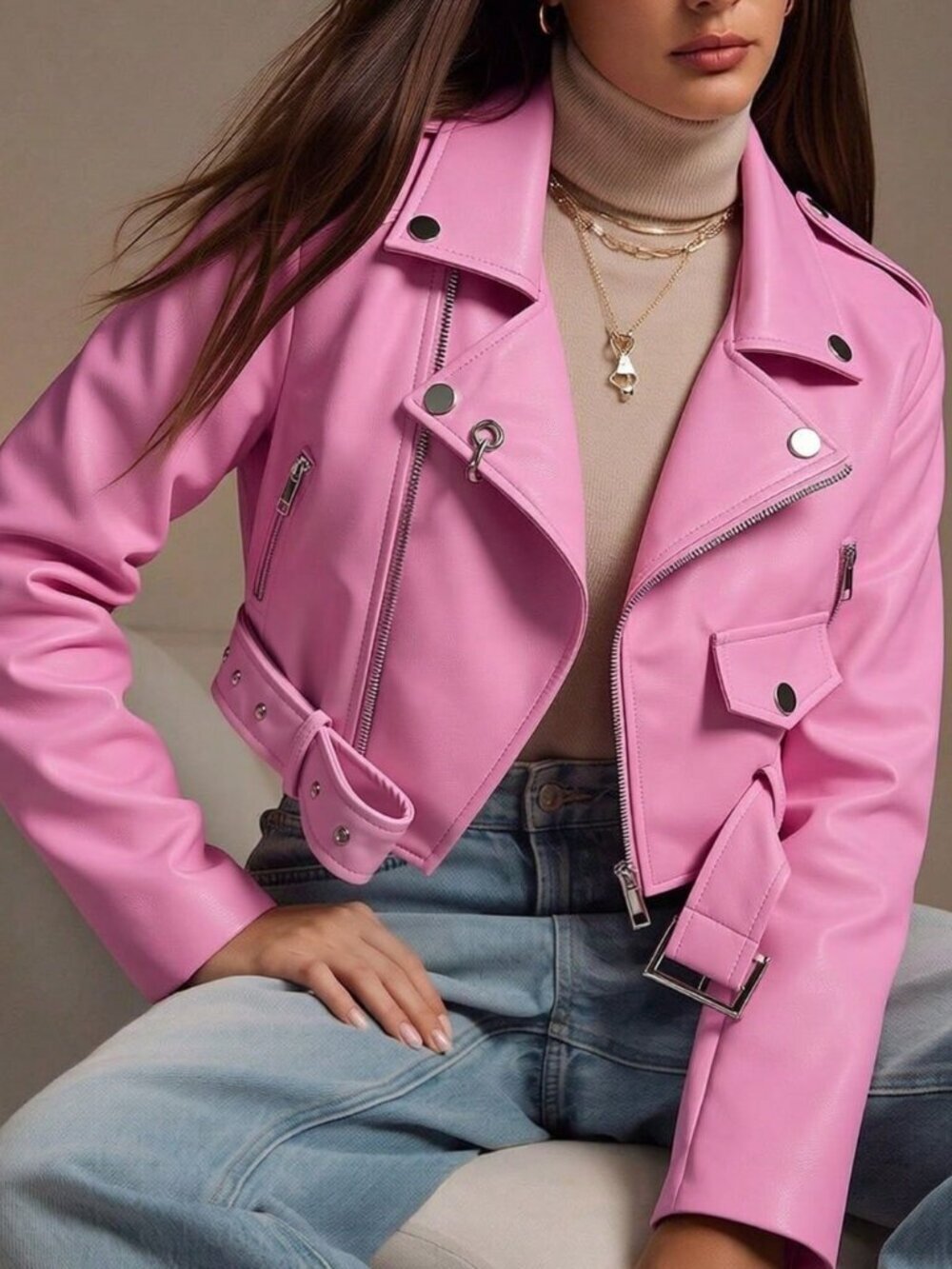 Baby Pink Casual Women's Faux Leather Biker Jacket